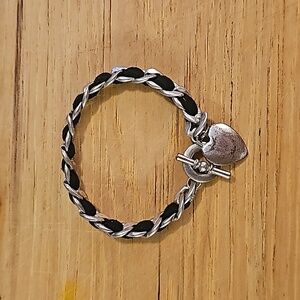 Hand Crafted Silver Tone and Black Ribbon Heart Charm Toggle Heart Bracelet.